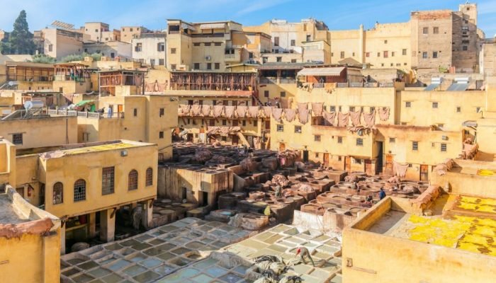 Leather dying in a traditional tannery in the city Fes, Morocco. View of old medina in Fes